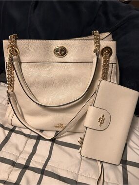 Coach Cream Leather Tote with Matching Wallet and Gold Chain Accents